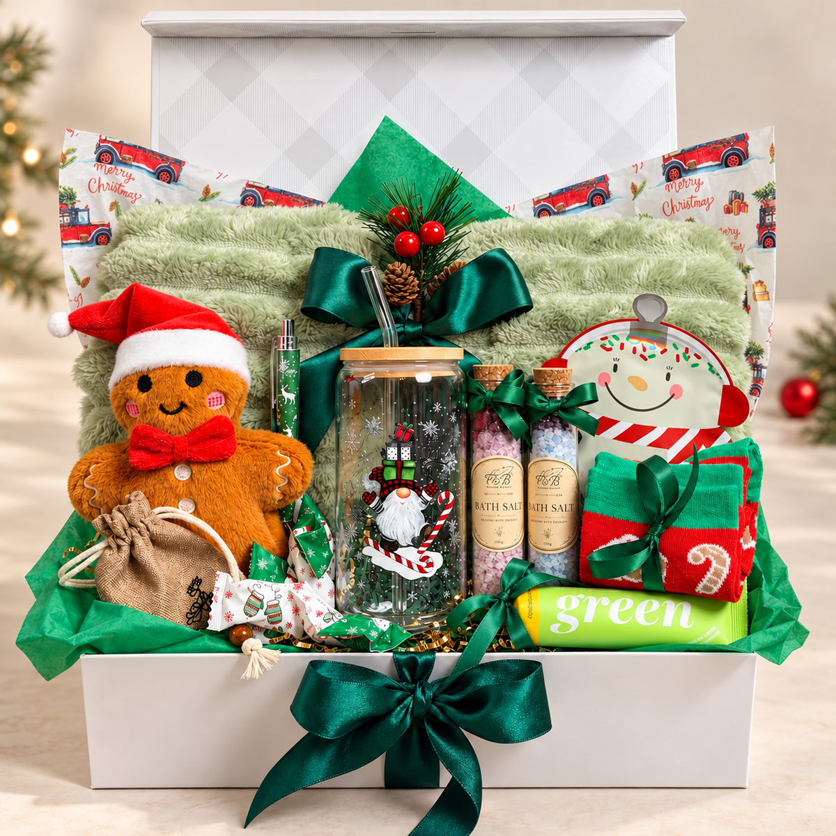 Sage & Scarlet Christmas Gift Box | Blanket, Glass Cup & Self Care